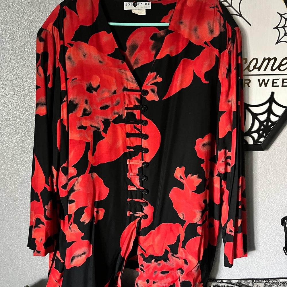 Vintage Red and Black Top with Asian Designs 3X